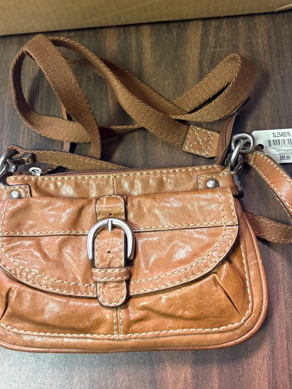 Fossil Lizette Brown Leather Crossbody Bag with Buckle Accent